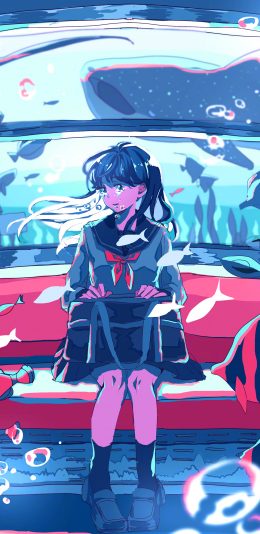 [2436x1125]女孩 列车 车厢 海洋 蓝色 鱼 苹果手机动漫壁纸图片