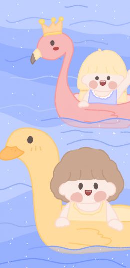 [2436x1125]女孩 卡通 插画 鸭鸭 苹果手机动漫壁纸图片