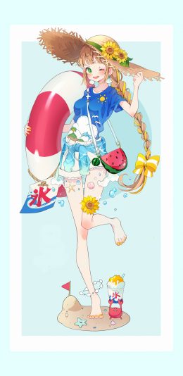 [2436x1125]女孩 可爱 二次元 游泳圈 草帽 苹果手机动漫壁纸图片