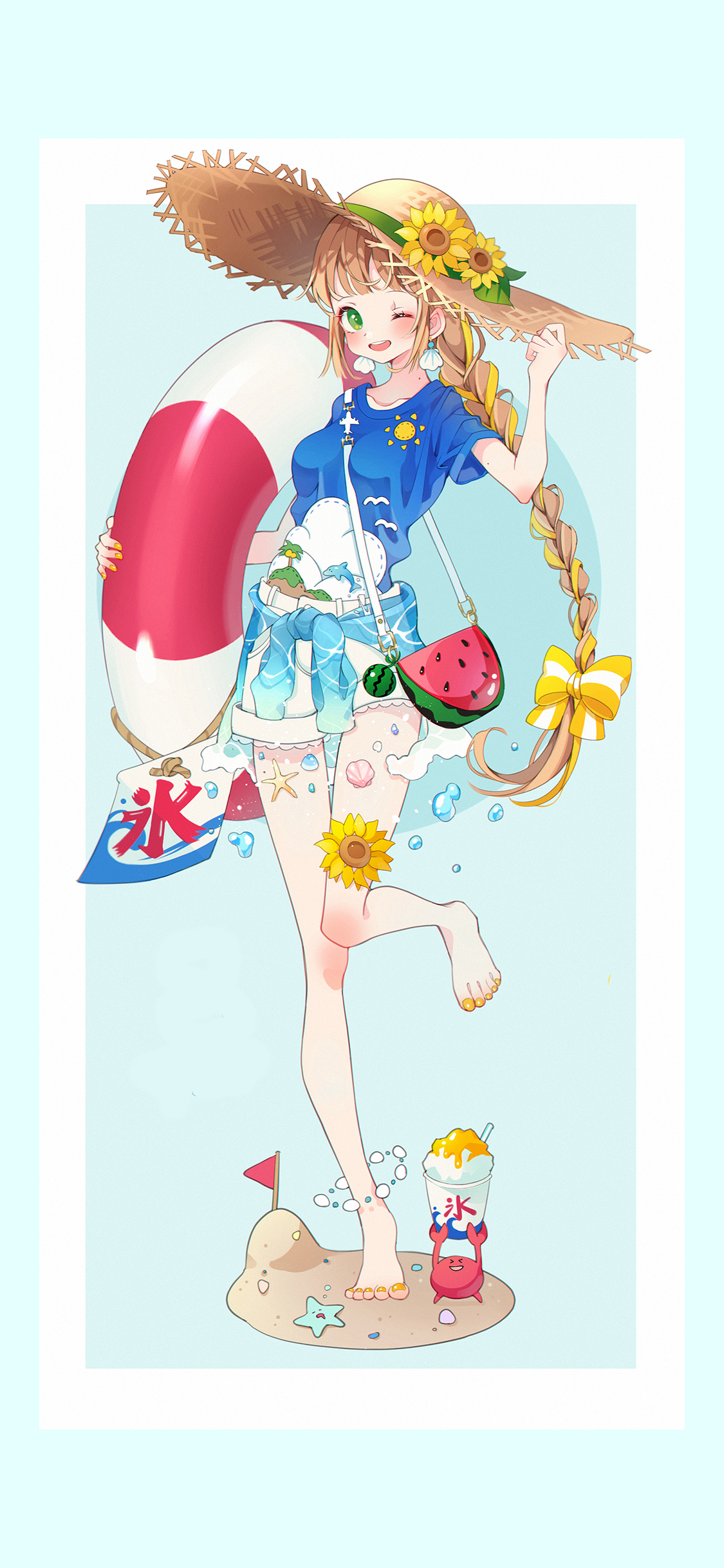 [2436×1125]女孩 可爱 二次元 游泳圈 草帽 苹果手机动漫壁纸图片