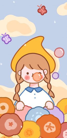 [2436x1125]女孩 可爱 卡通 吹泡泡 苹果手机动漫壁纸图片