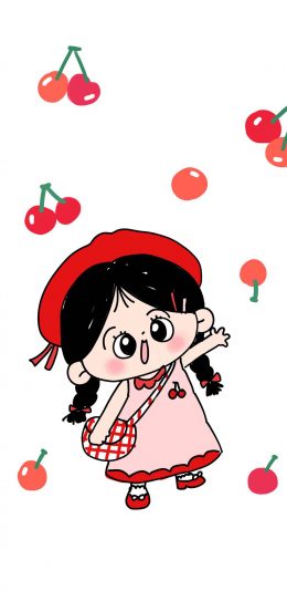 [2436x1125]女孩 可爱 樱桃 裙子 苹果手机动漫壁纸图片