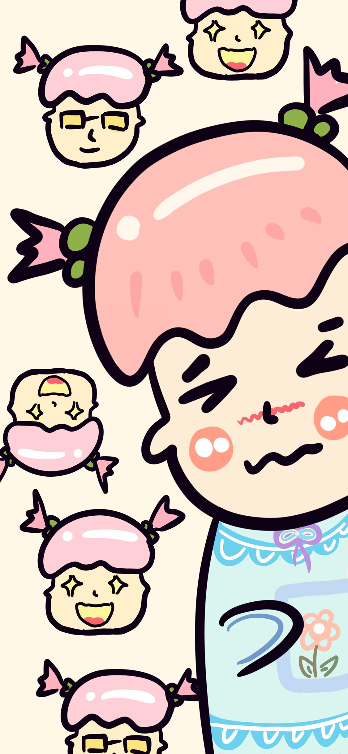 [2436×1125]女孩 大头 五官 平铺 苹果手机动漫壁纸图片