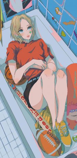 [2436x1125]女孩 女子 漫画 浴缸 橄榄球 棒球 篮球 苹果手机动漫壁纸图片