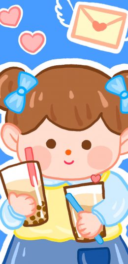 [2436x1125]女孩 奶茶 可爱 卡通 苹果手机动漫壁纸图片