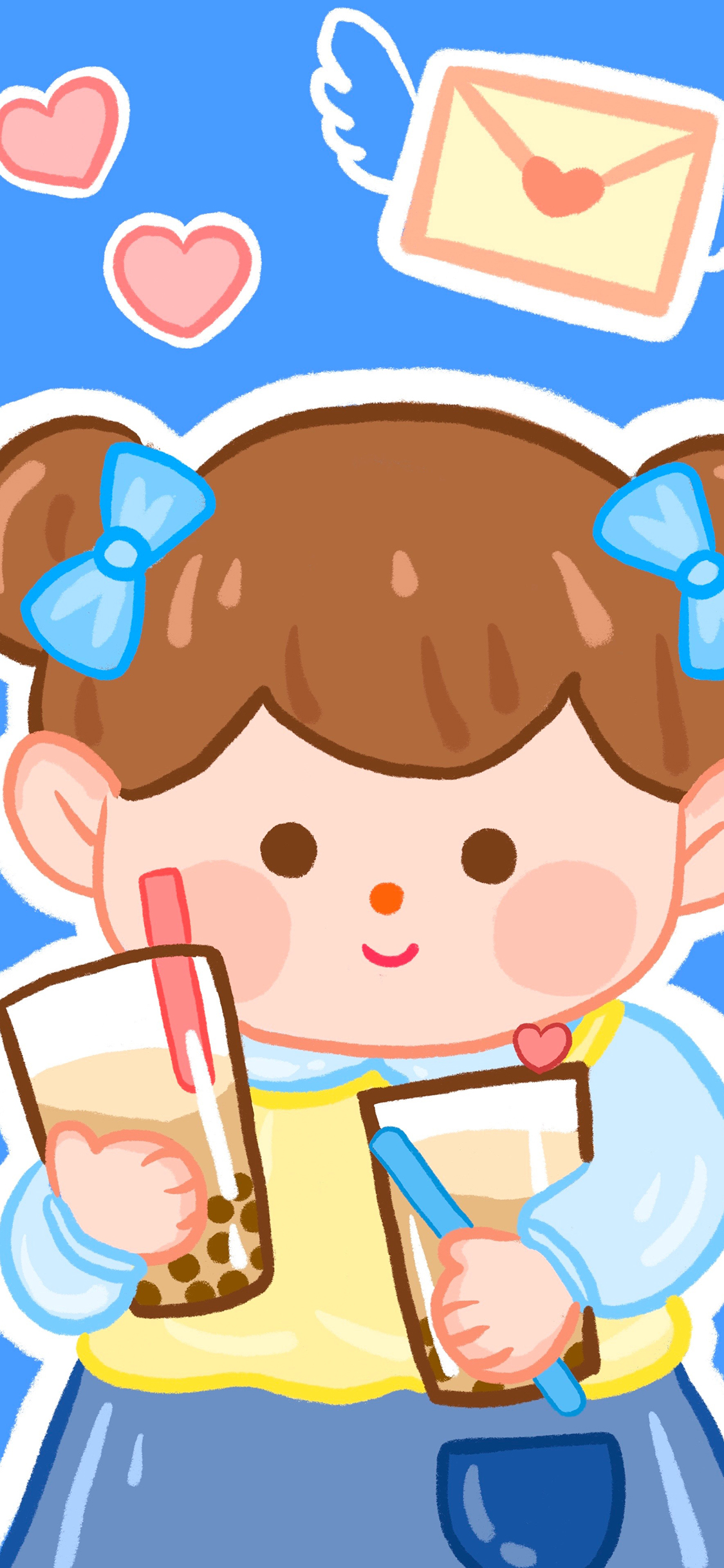 [2436×1125]女孩 奶茶 可爱 卡通 苹果手机动漫壁纸图片