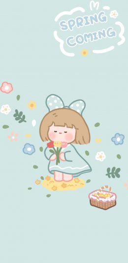[2436x1125]女孩 小花 花草 插画 spring coming 苹果手机动漫壁纸图片