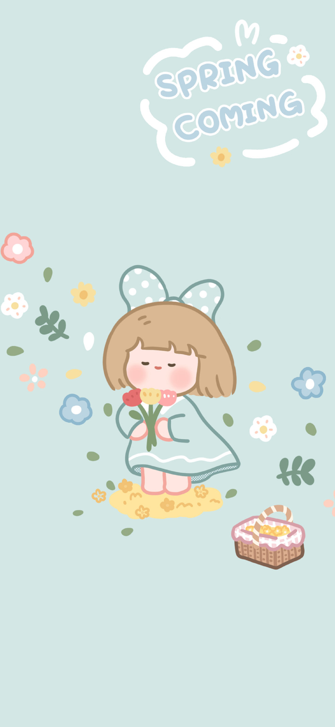 [2436×1125]女孩 小花 花草 插画 spring coming 苹果手机动漫壁纸图片