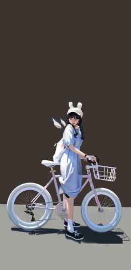 [2436x1125]女孩 插图 兔耳朵 自行车 苹果手机动漫壁纸图片