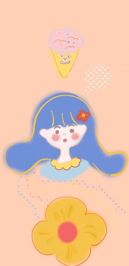 [2436x1125]女孩 插图 冰淇淋 花朵 苹果手机动漫壁纸图片
