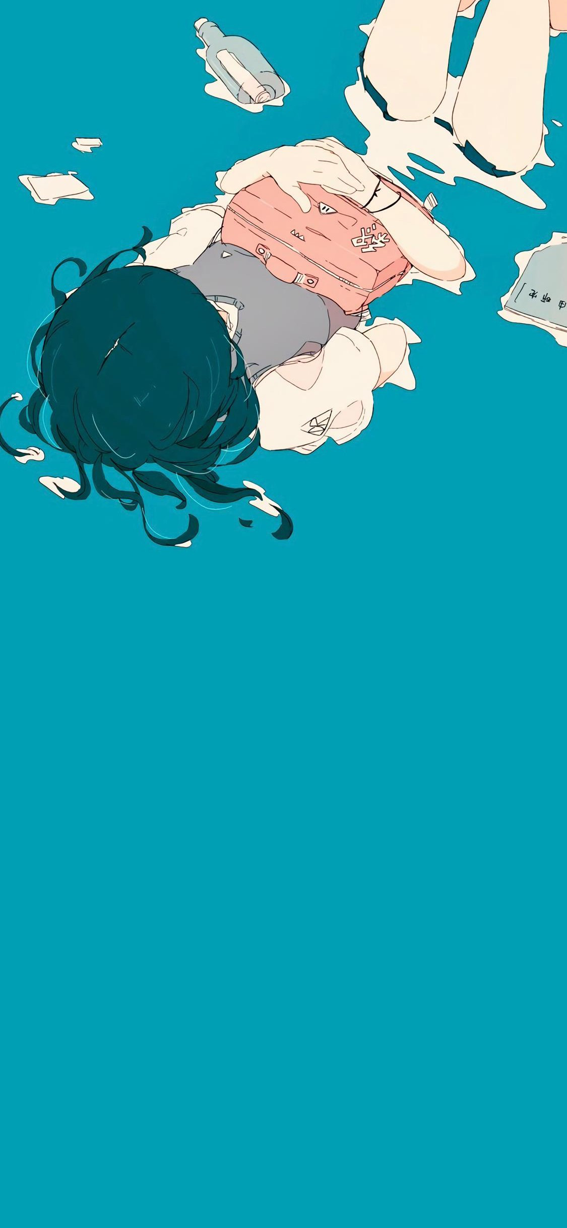 [2436×1125]女孩 插图 卡通 水里 漂流瓶 苹果手机动漫壁纸图片