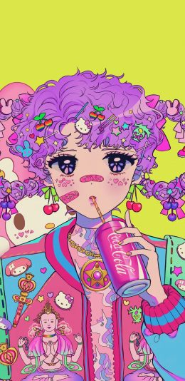 [2436x1125]女孩 插图 可乐 色彩 元素 苹果手机动漫壁纸图片