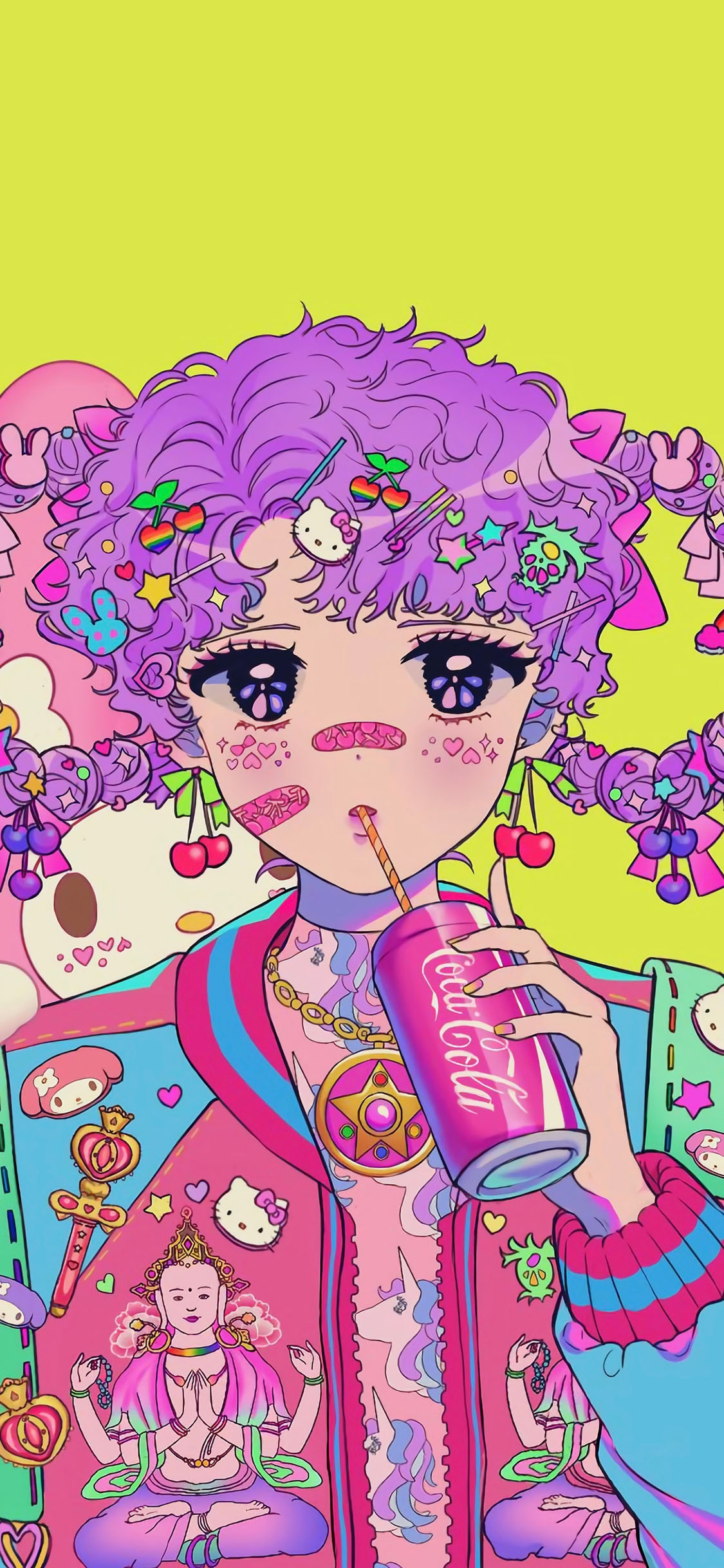 [2436×1125]女孩 插图 可乐 色彩 元素 苹果手机动漫壁纸图片