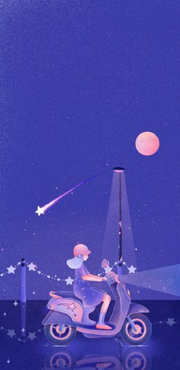 [2436x1125]女孩 插图 夜晚 小摩托 苹果手机动漫壁纸图片