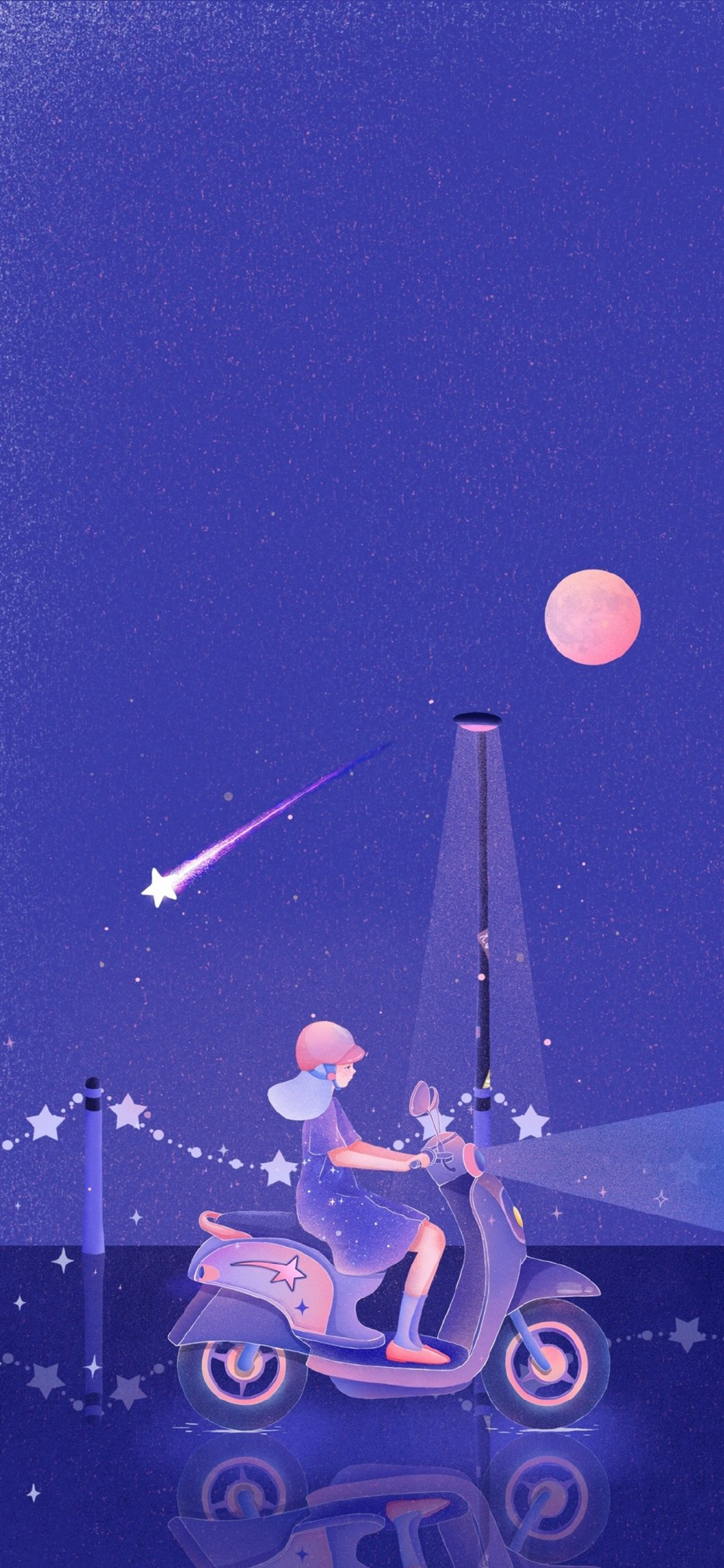 [2436×1125]女孩 插图 夜晚 小摩托 苹果手机动漫壁纸图片