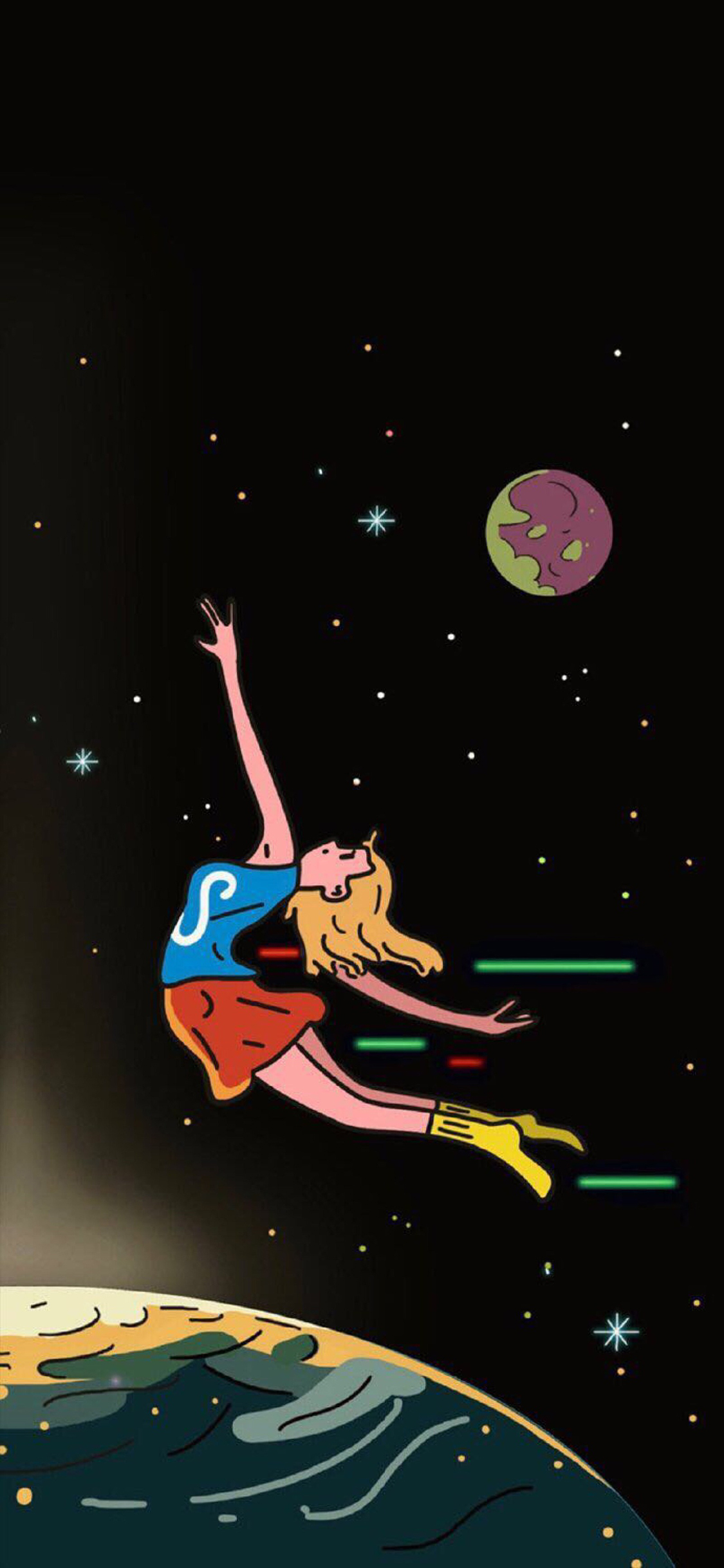 [2436×1125]女孩 插图 宇宙 行星 苹果手机动漫壁纸图片