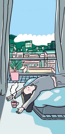 [2436x1125]女孩 插图 家居 仰躺 苹果手机动漫壁纸图片