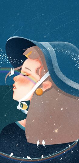 [2436x1125]女孩 插图 彩虹 鸽子 苹果手机动漫壁纸图片