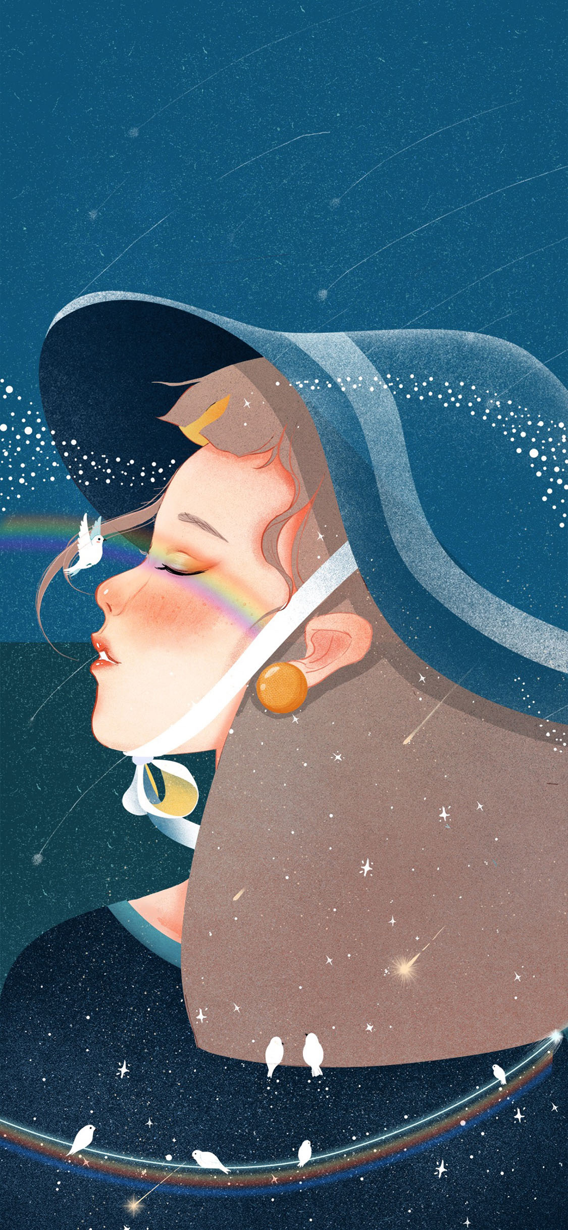 [2436×1125]女孩 插图 彩虹 鸽子 苹果手机动漫壁纸图片