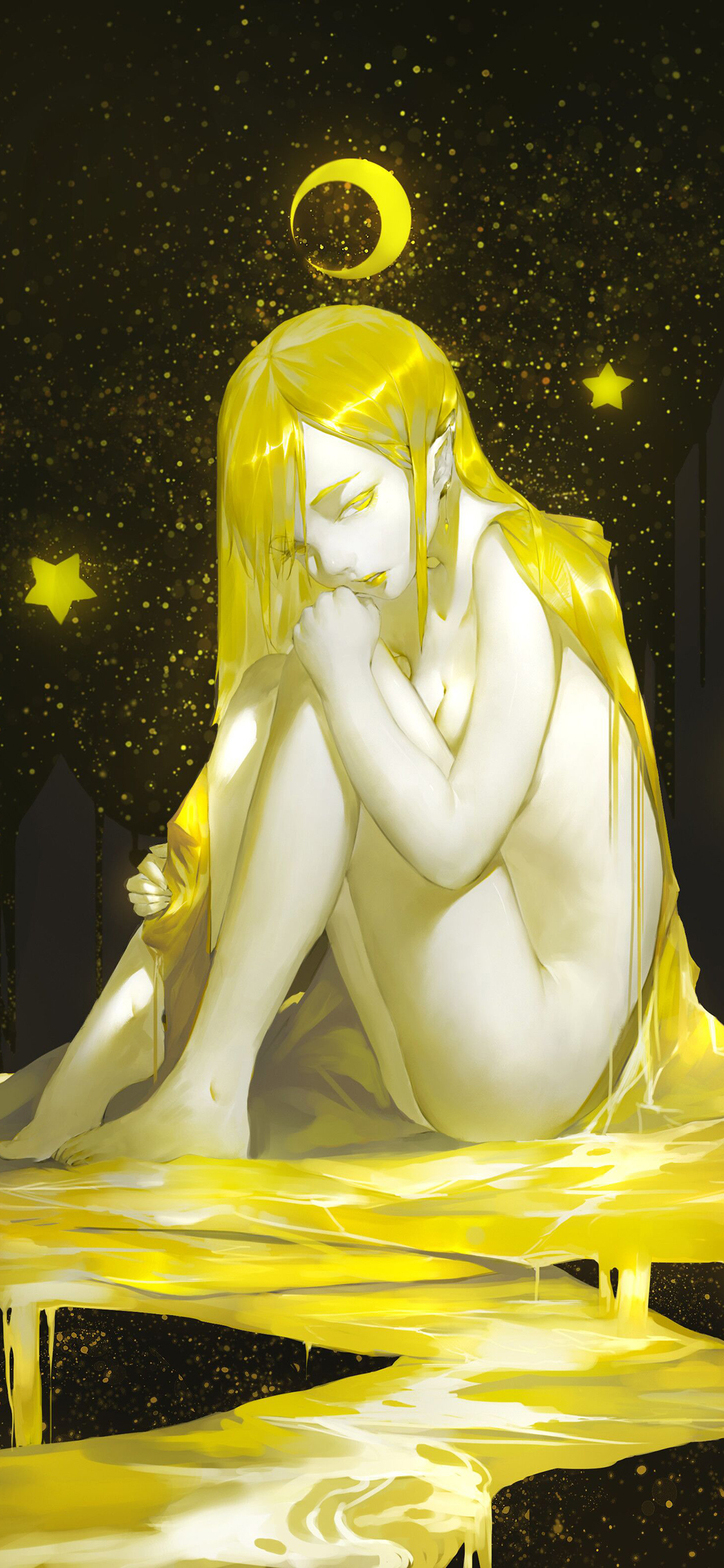 [2436×1125]女孩 插图 星星 月亮 唯美 苹果手机动漫壁纸图片