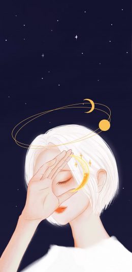 [2436x1125]女孩 插图 星星 月牙 苹果手机动漫壁纸图片