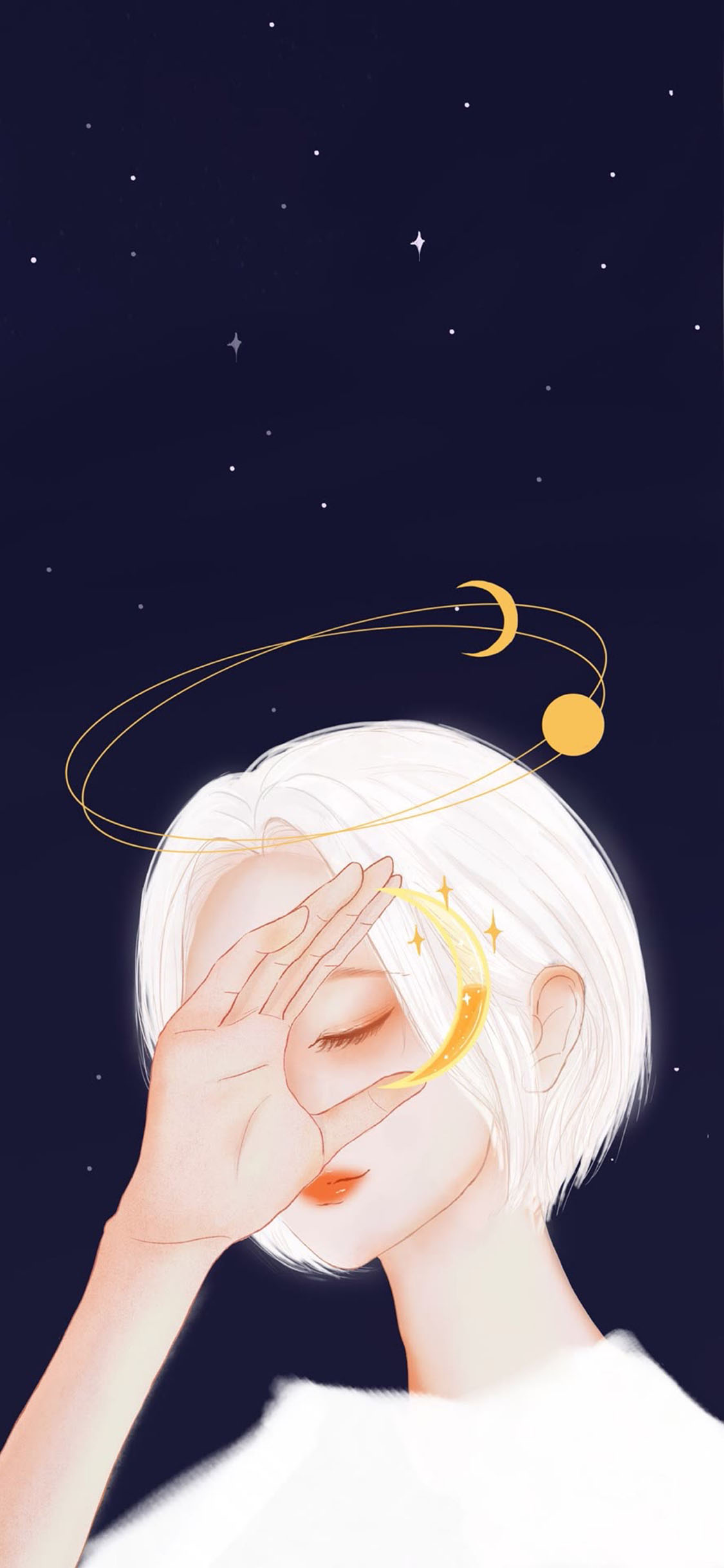 [2436×1125]女孩 插图 星星 月牙 苹果手机动漫壁纸图片