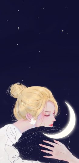 [2436x1125]女孩 插图 月牙 星星 苹果手机动漫壁纸图片