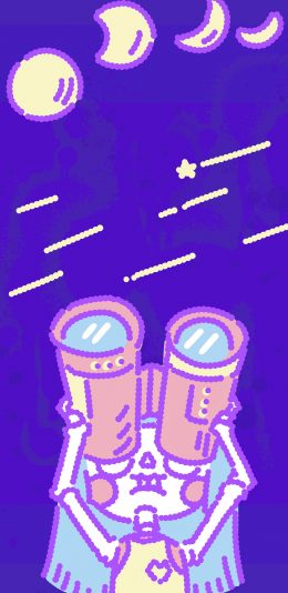 [2436x1125]女孩 插图 望远镜 月食（取自微博：四木捣画） 苹果手机动漫壁纸图片