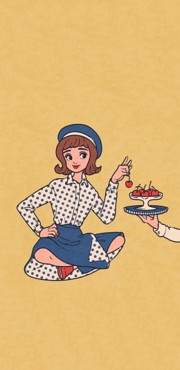 [2436x1125]女孩 插图 樱桃 复古 苹果手机动漫壁纸图片