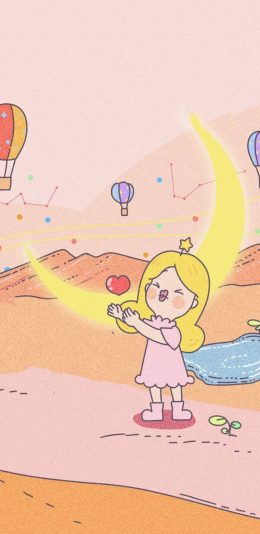 [2436x1125]女孩 插图 爱心 月牙 苹果手机动漫壁纸图片