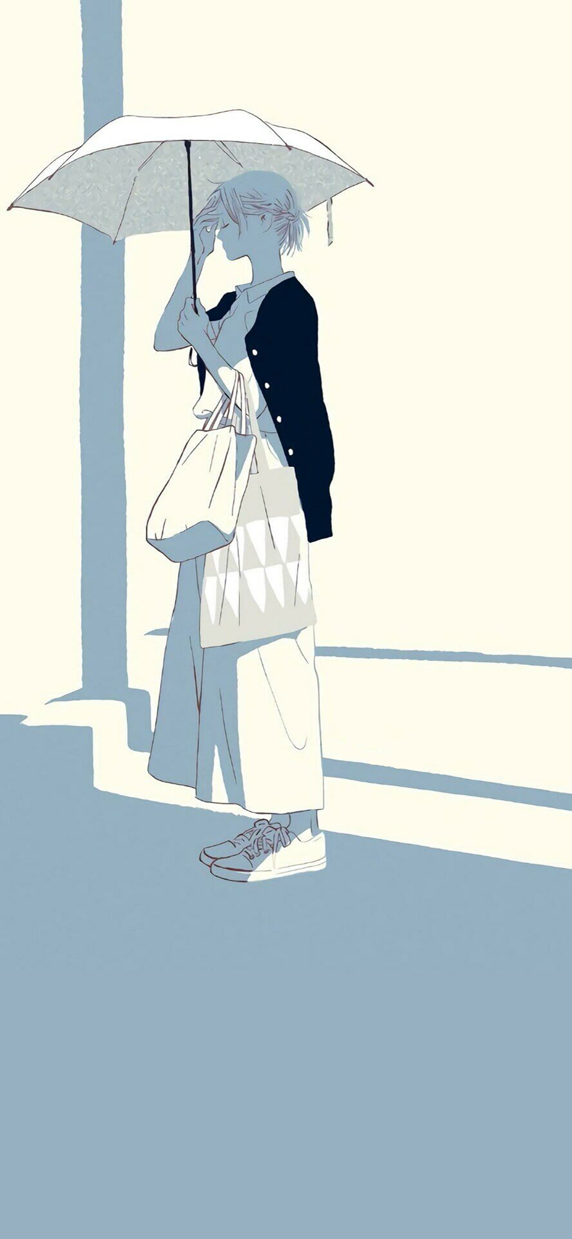 [2436×1125]女孩 插图 简笔 白色 苹果手机动漫壁纸图片