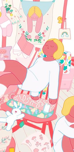 [2436x1125]女孩 插图 粉色系 兔子 苹果手机动漫壁纸图片