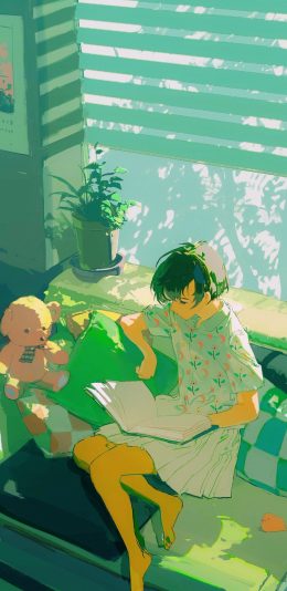 [2436x1125]女孩 插图 绿色系 家居 清新 苹果手机动漫壁纸图片