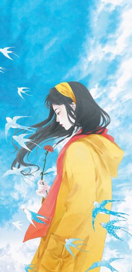[2436x1125]女孩 插图 蓝天白云 燕子 苹果手机动漫壁纸图片