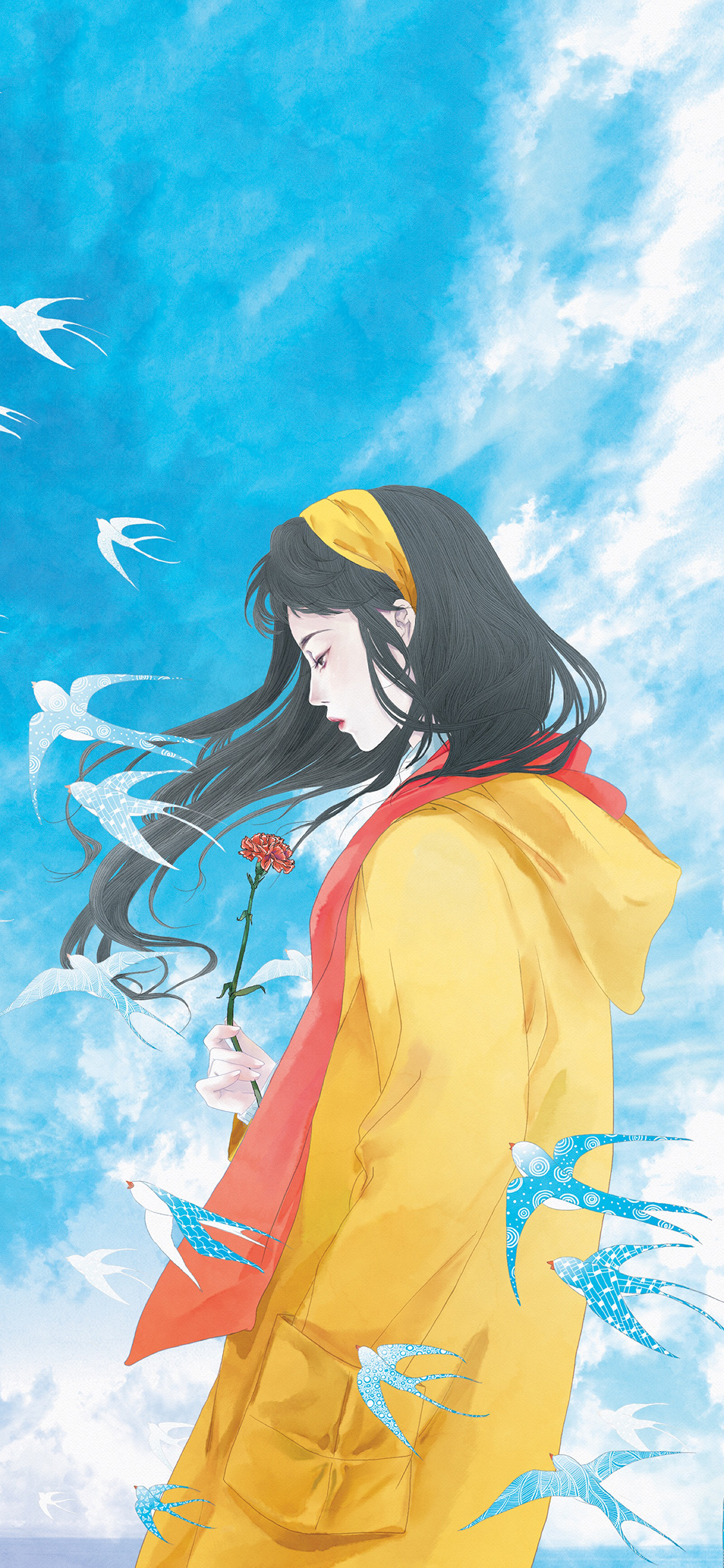 [2436×1125]女孩 插图 蓝天白云 燕子 苹果手机动漫壁纸图片