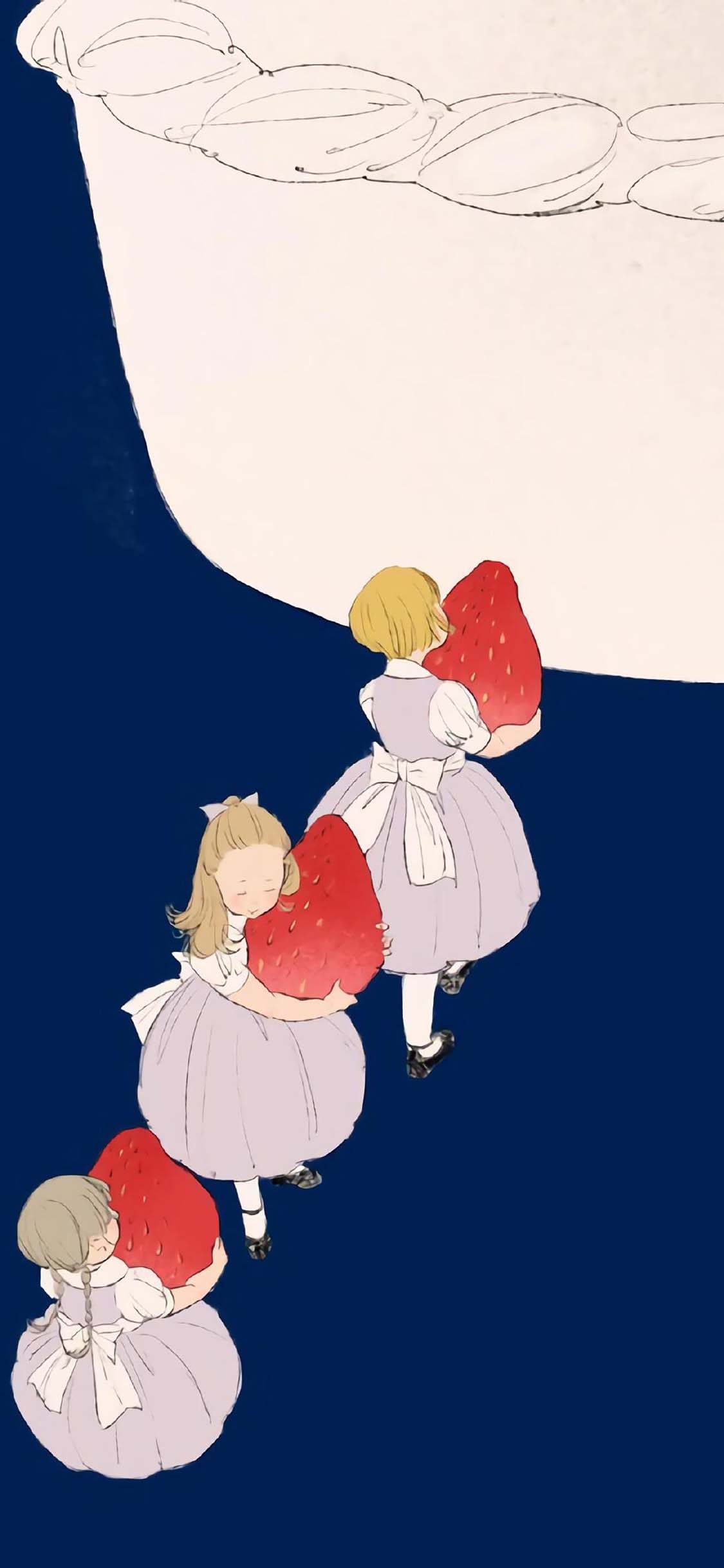 [2436×1125]女孩 插图 蛋糕 草莓 苹果手机动漫壁纸图片