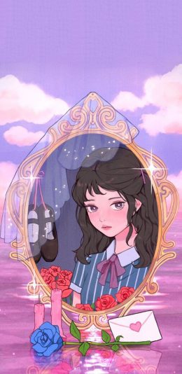 [2436x1125]女孩 插图 镜子 色彩 作者：ubokhee 苹果手机动漫壁纸图片