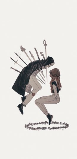 [2436x1125]女孩 插图 骷髅 刀剑 寓意 苹果手机动漫壁纸图片