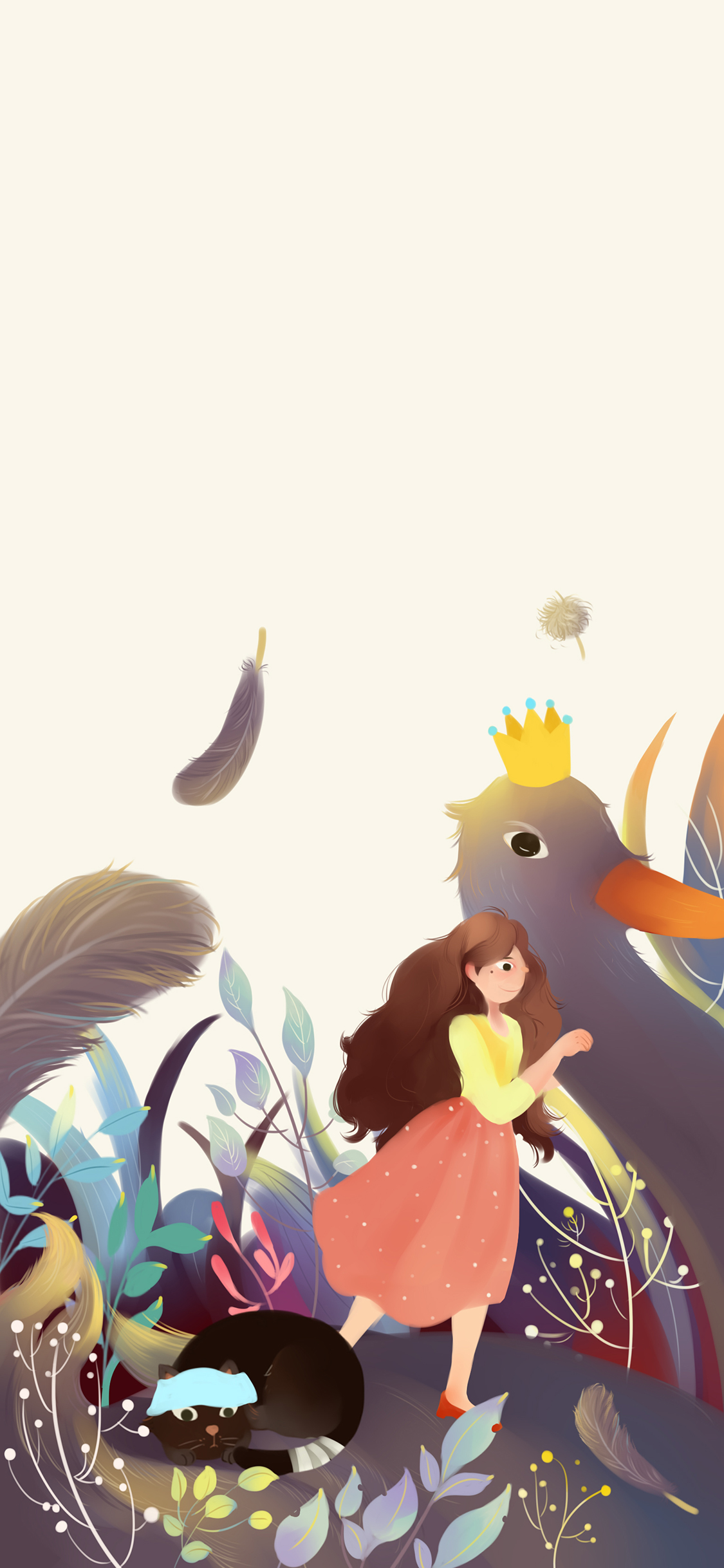 [2436×1125]女孩 插图 黑猫 大鸟 苹果手机动漫壁纸图片