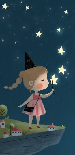 [2436x1125]女孩 星星 星空 绘画 苹果手机动漫壁纸图片