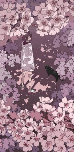 [2436x1125]女孩 樱花 紫色 黑猫 影子 花丛 苹果手机动漫壁纸图片