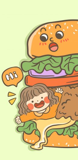 [2436x1125]女孩 汉堡 插画 可爱 hi 苹果手机动漫壁纸图片
