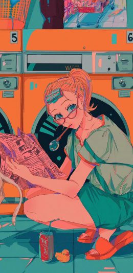 [2436x1125]女孩 漫画 报纸 洗衣房 可口可乐 苹果手机动漫壁纸图片