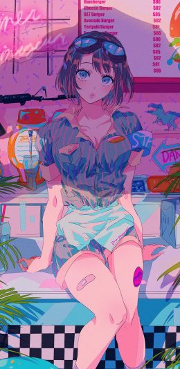 [2436x1125]女孩 漫画 时尚 性感 服务员 苹果手机动漫壁纸图片