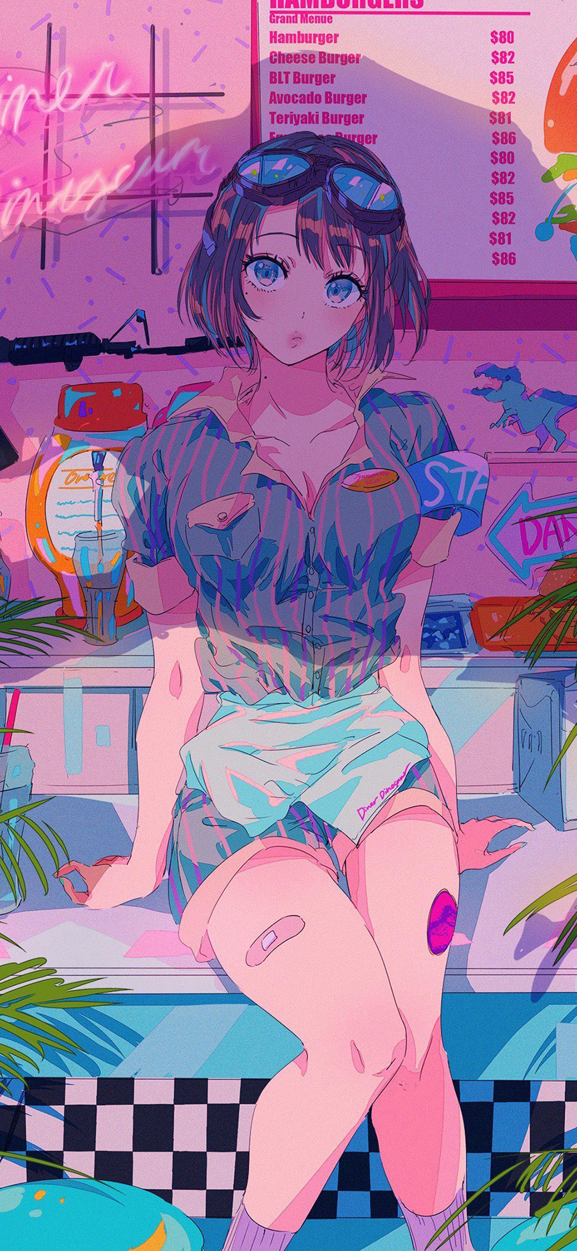 [2436×1125]女孩 漫画 时尚 性感 服务员 苹果手机动漫壁纸图片