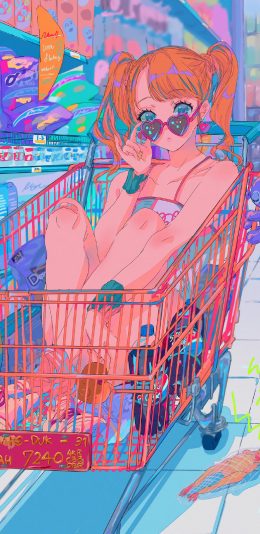[2436x1125]女孩 漫画 购物车 商场 墨镜 苹果手机动漫壁纸图片
