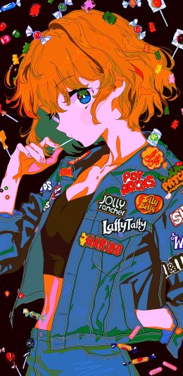 [2436x1125]女孩 牛仔 漫画 棒棒糖 糖果 苹果手机动漫壁纸图片