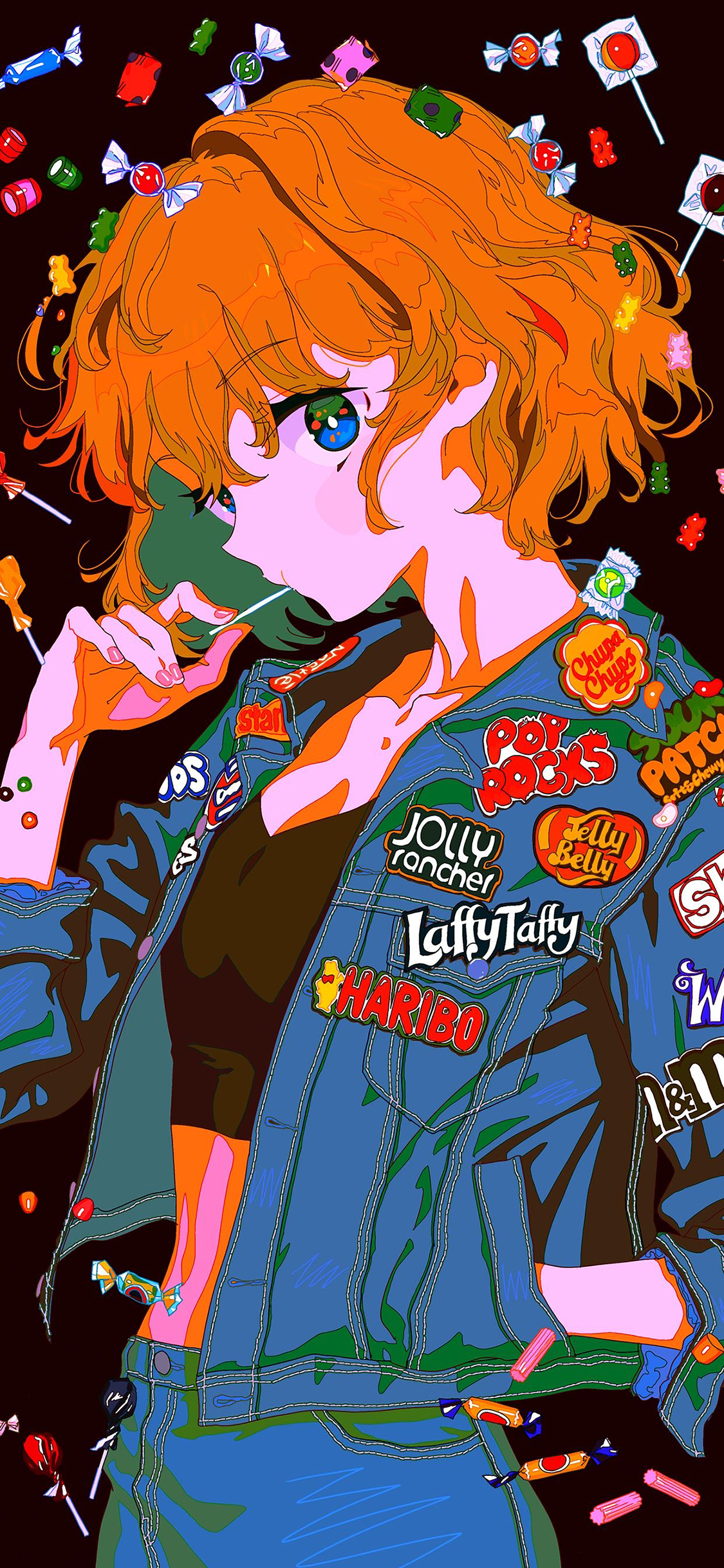 [2436×1125]女孩 牛仔 漫画 棒棒糖 糖果 苹果手机动漫壁纸图片