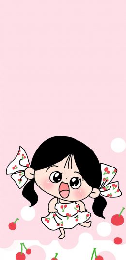 [2436x1125]女孩 粉色 可爱 樱桃 裙子 苹果手机动漫壁纸图片