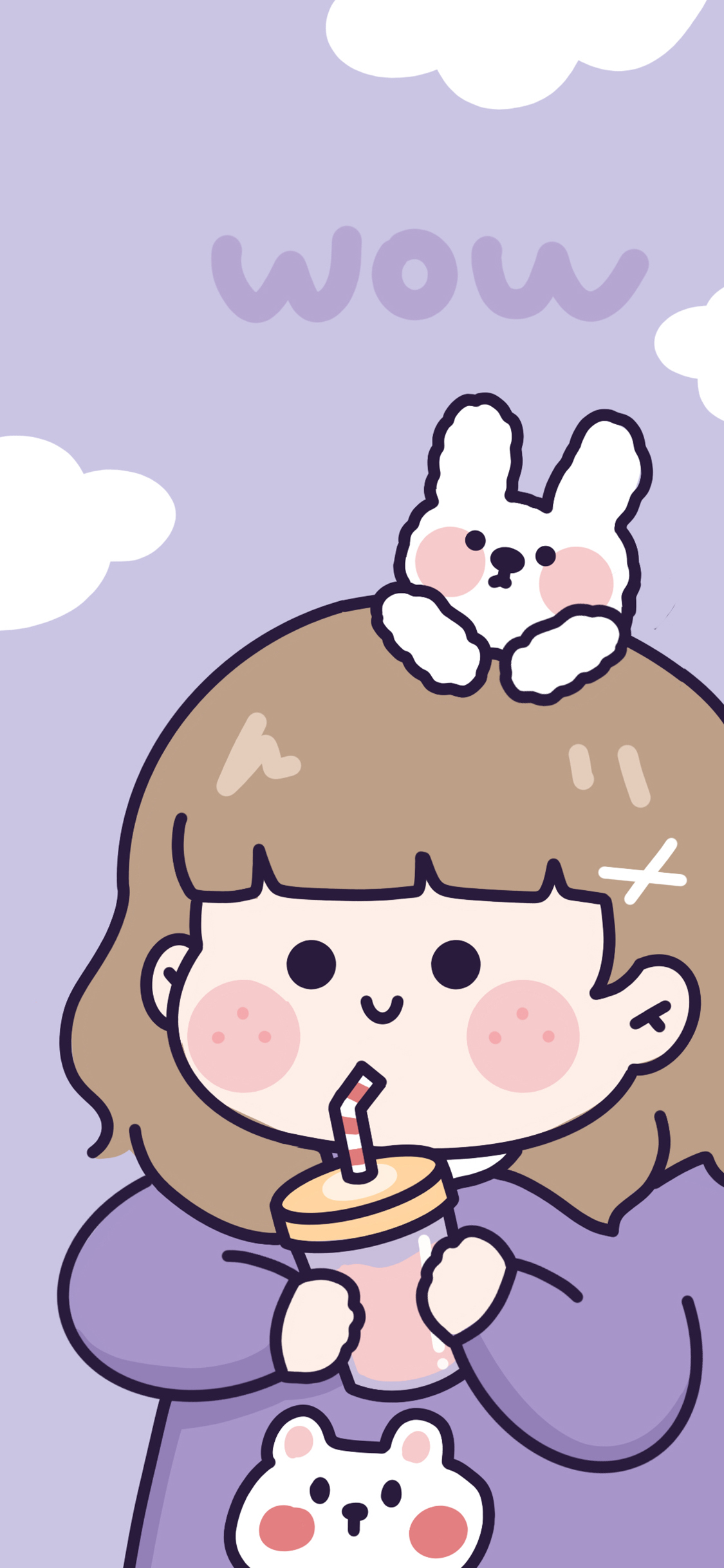 [2436×1125]女孩 紫色 饮料 兔子 wow 苹果手机动漫壁纸图片